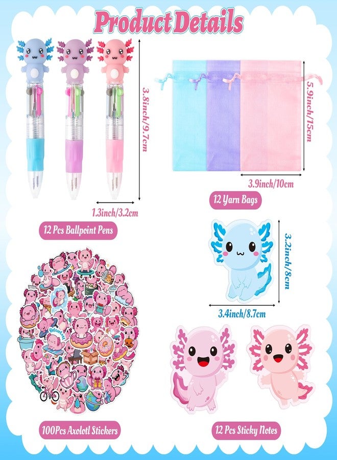 CY2SIDE Axolotl Stationery Party Gift - 12 Pack Axolotl Prizes Set Include 4-in-1 Ballpoint Pen Sticky Note Sticker and Organza for Kids Summer Party Favor Goodie Bag Fillers for School Reward - Image 2